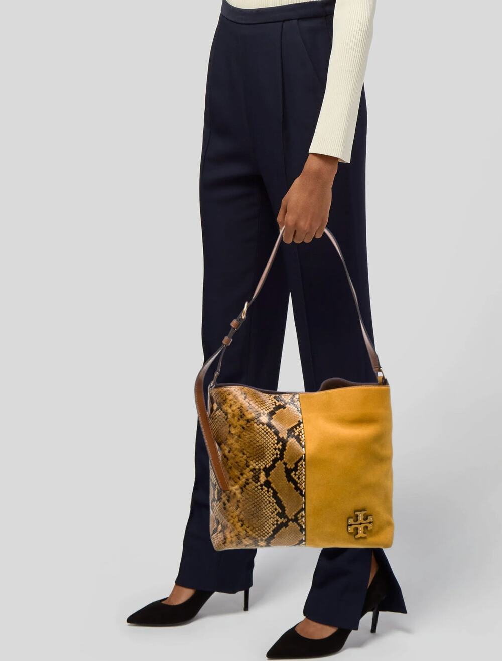 Tory Burch McGraw Snake-Embossed Leather & Suede Hobo Bag